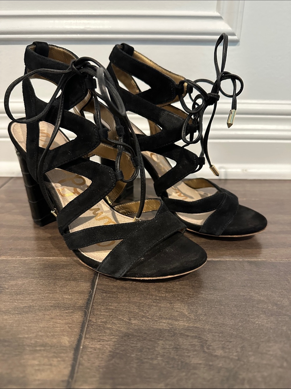 Sam Edelman Black Suede Lace-Up Block Heel Sandals